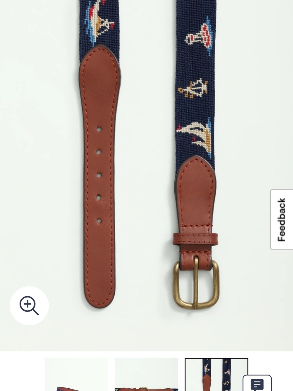 Navy Embroidered Nautical Needlepoint Belt with Brown Leather Trim